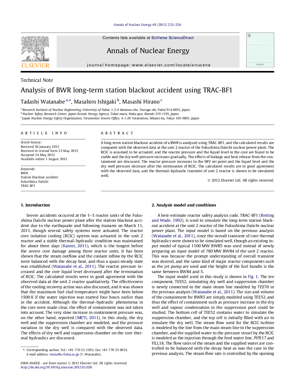 Analysis of BWR long-term station blackout accident using TRAC-BF1