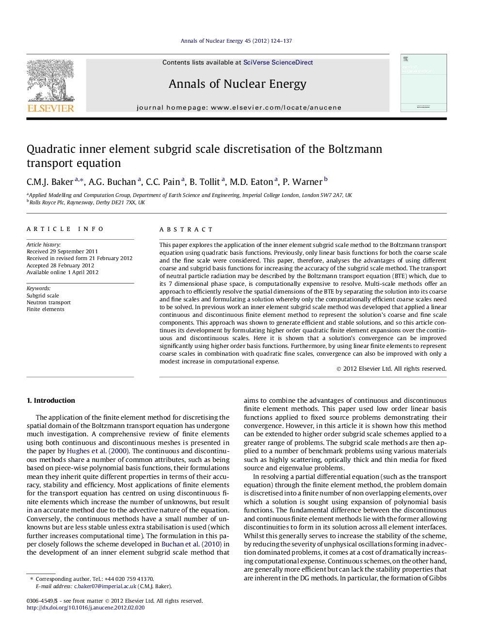 Quadratic inner element subgrid scale discretisation of the Boltzmann transport equation