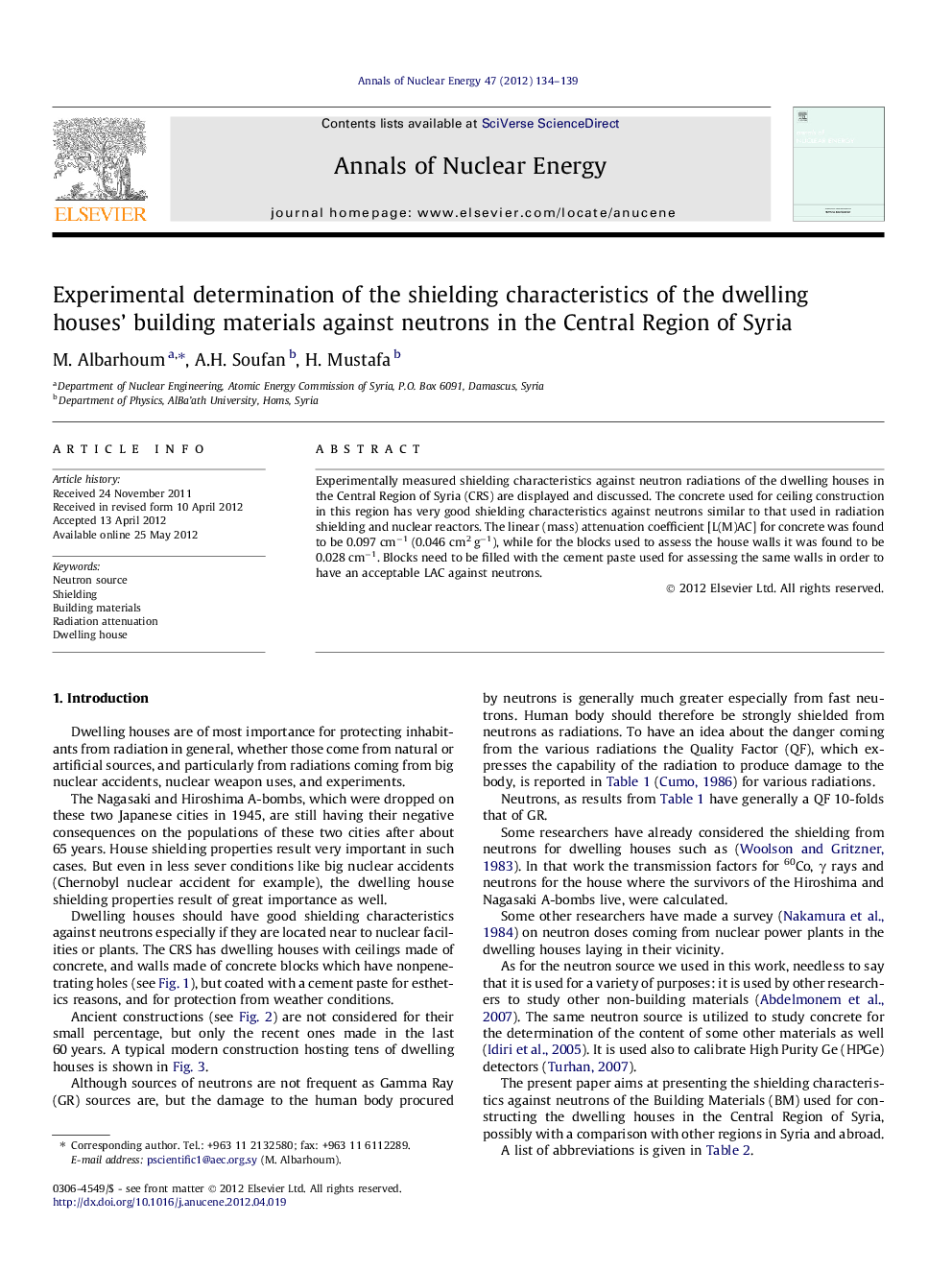 Experimental determination of the shielding characteristics of the dwelling houses’ building materials against neutrons in the Central Region of Syria