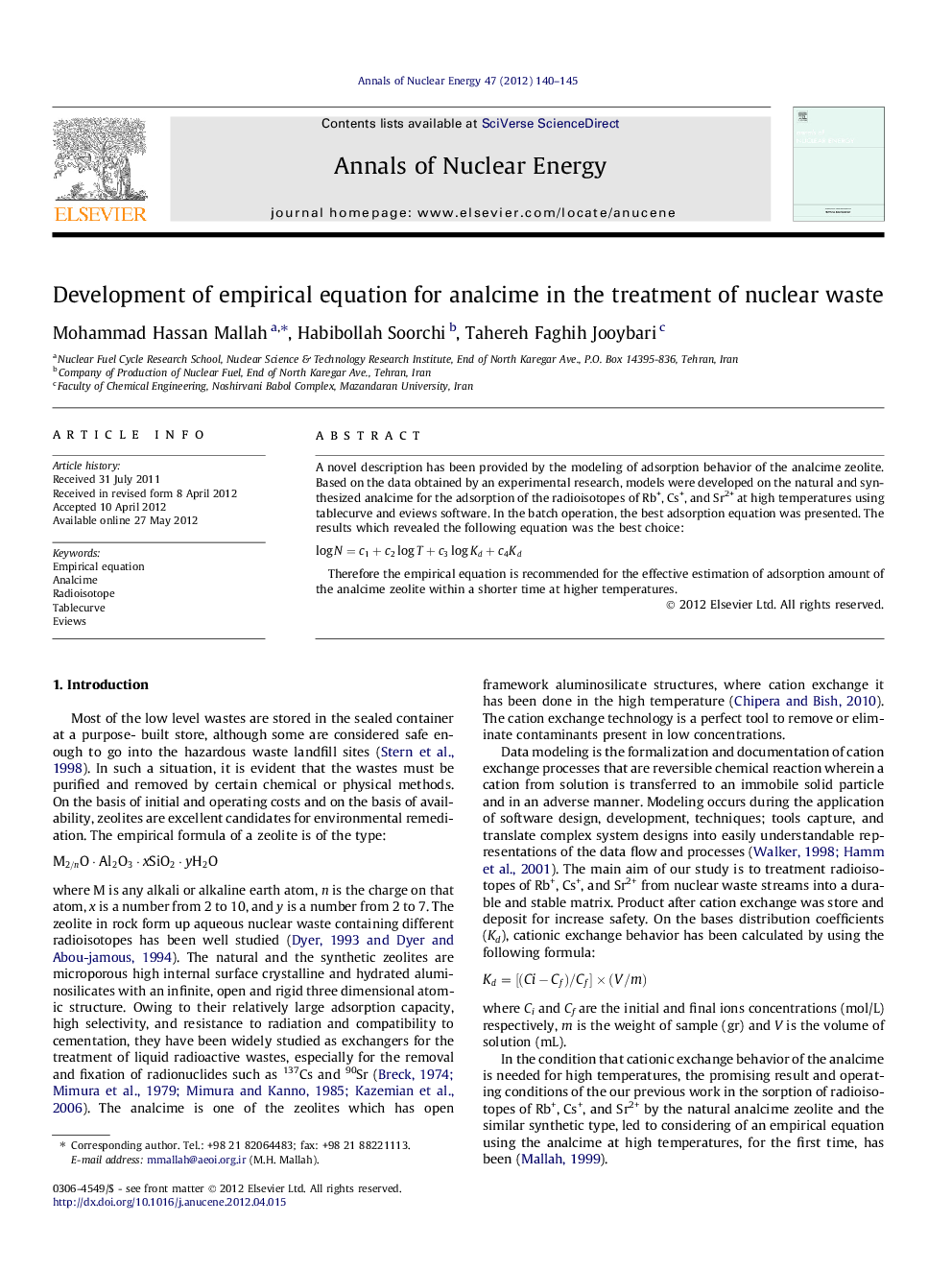 Development of empirical equation for analcime in the treatment of nuclear waste