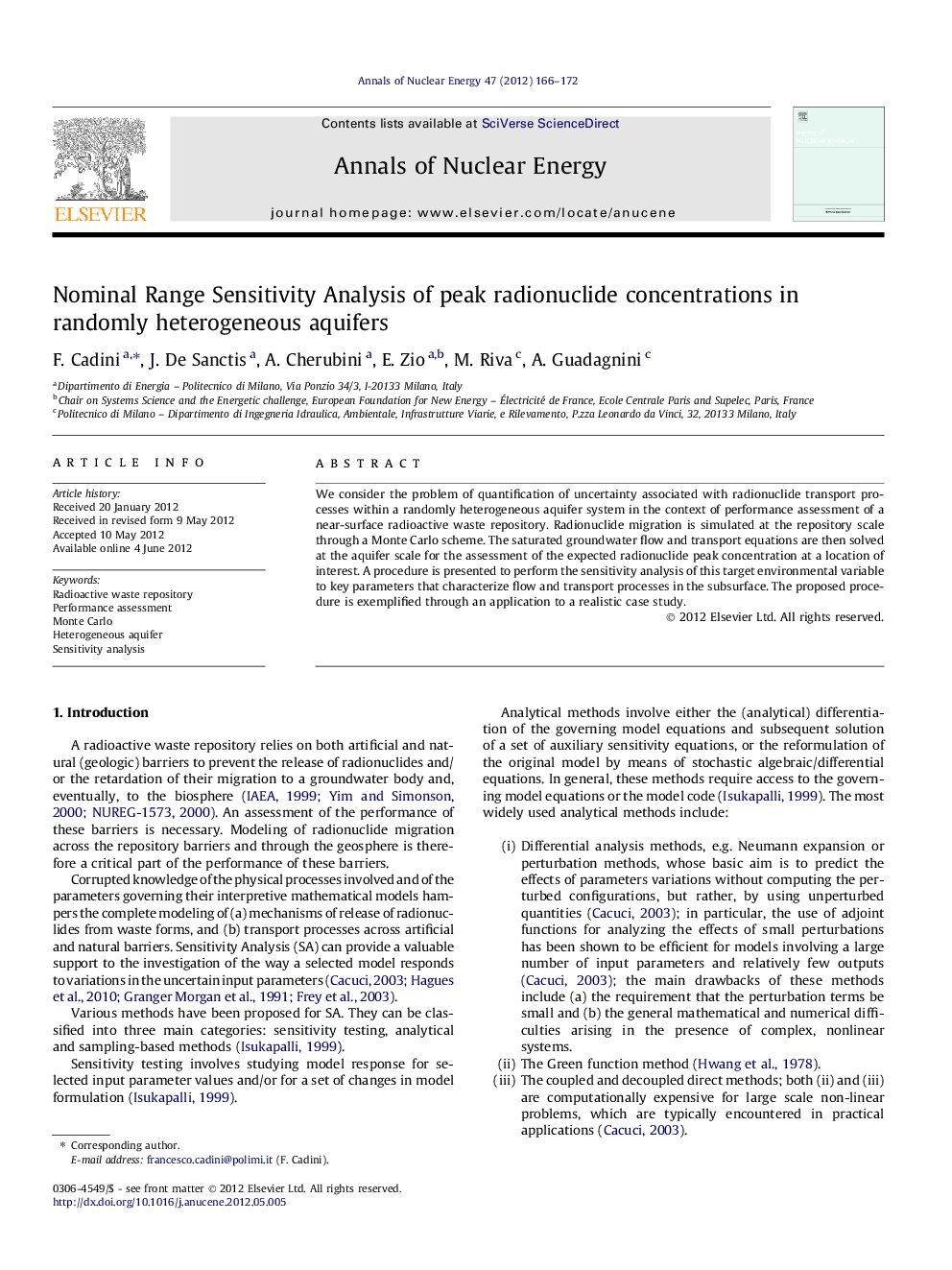 Nominal Range Sensitivity Analysis of peak radionuclide concentrations in randomly heterogeneous aquifers