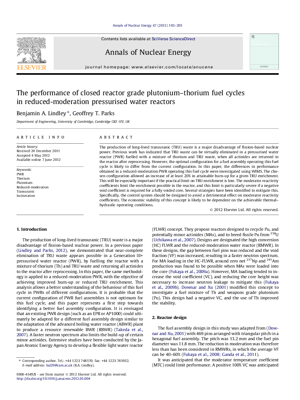 The performance of closed reactor grade plutonium–thorium fuel cycles in reduced-moderation pressurised water reactors