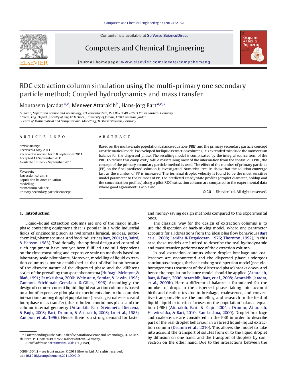 RDC extraction column simulation using the multi-primary one secondary particle method: Coupled hydrodynamics and mass transfer