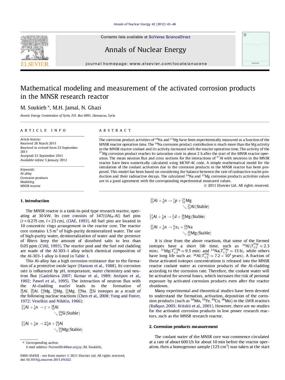 Mathematical modeling and measurement of the activated corrosion products in the MNSR research reactor