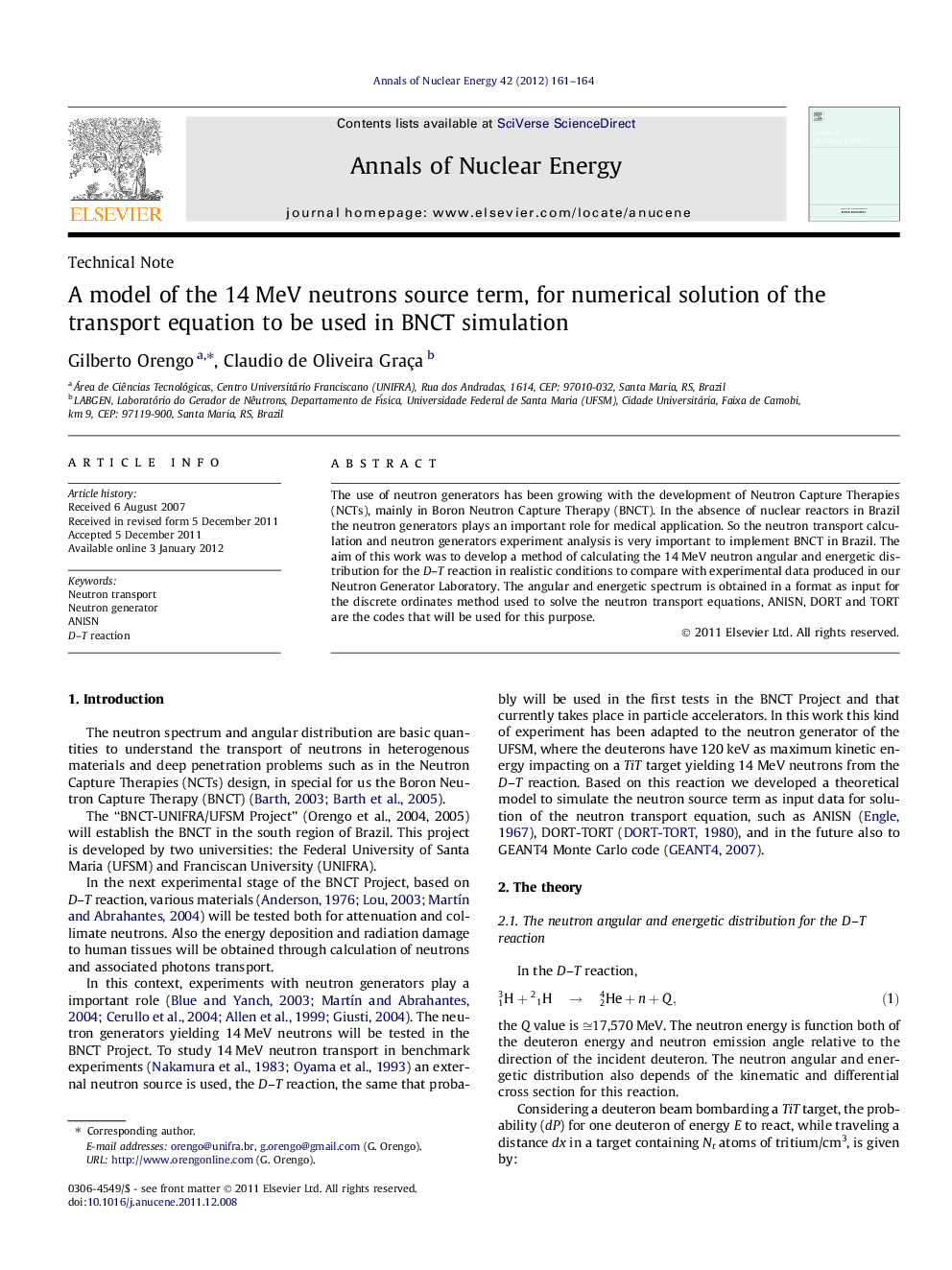 A model of the 14Â MeV neutrons source term, for numerical solution of the transport equation to be used in BNCT simulation