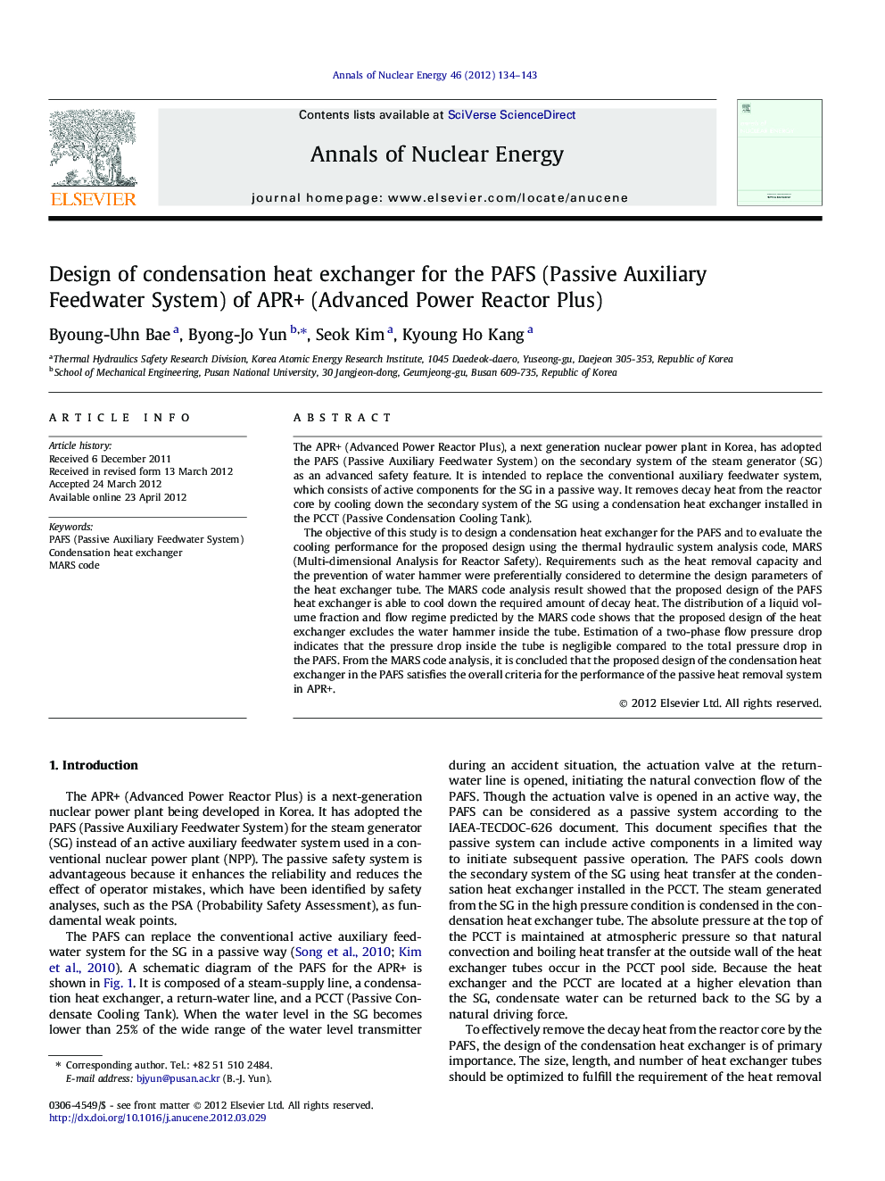 Design of condensation heat exchanger for the PAFS (Passive Auxiliary Feedwater System) of APR+ (Advanced Power Reactor Plus)