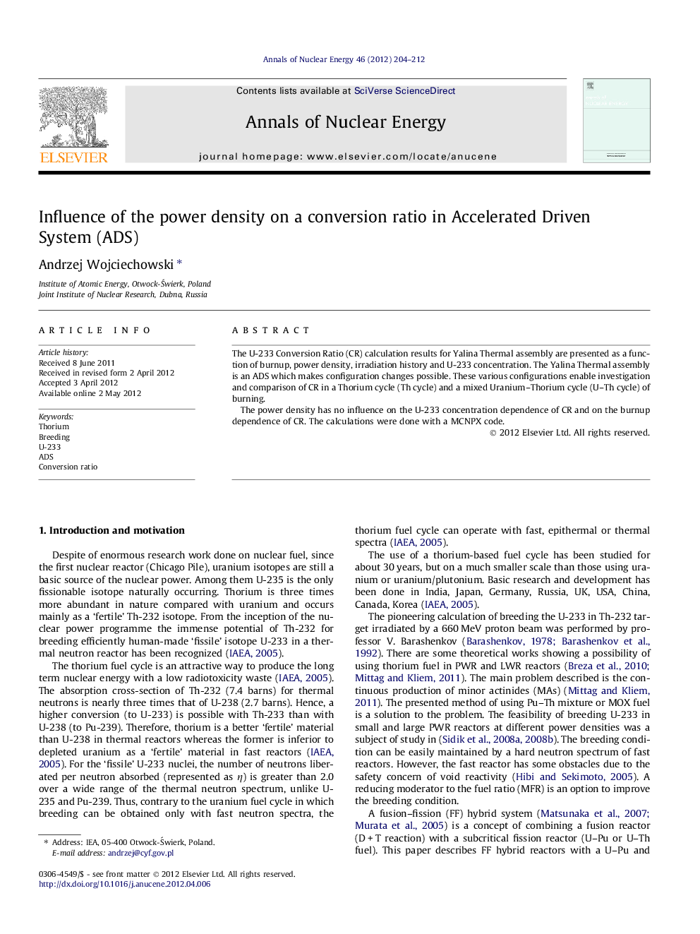 Influence of the power density on a conversion ratio in Accelerated Driven System (ADS)