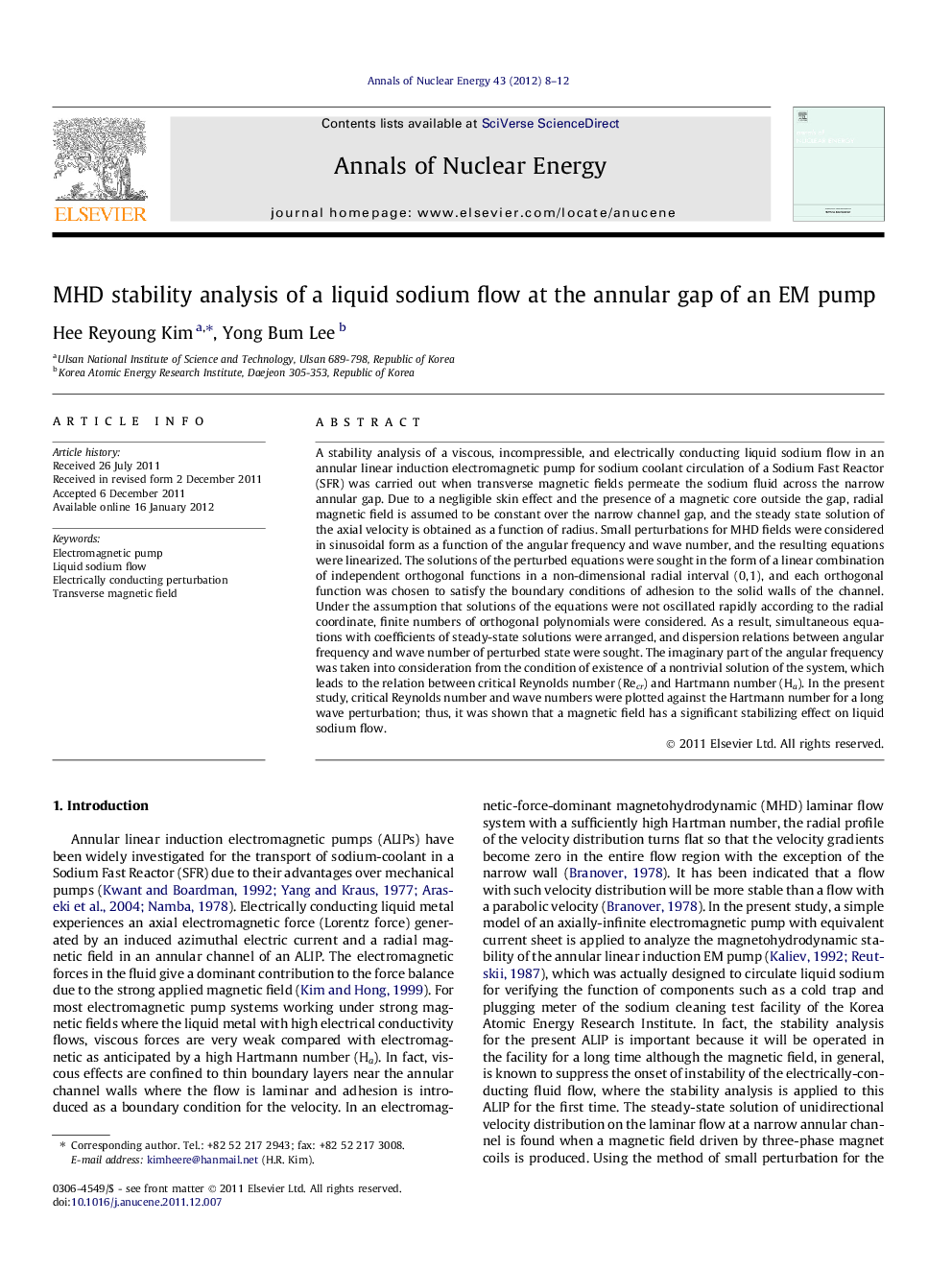 MHD stability analysis of a liquid sodium flow at the annular gap of an EM pump