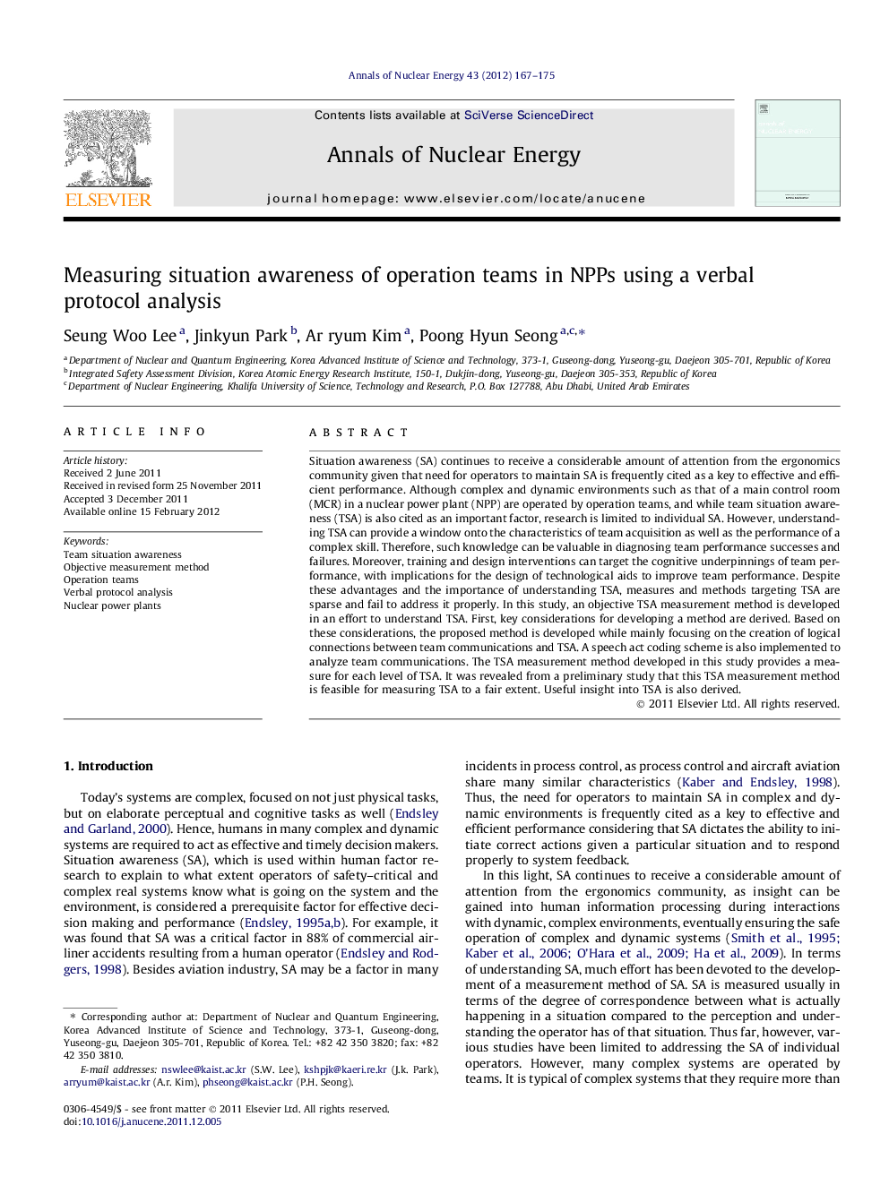 Measuring situation awareness of operation teams in NPPs using a verbal protocol analysis