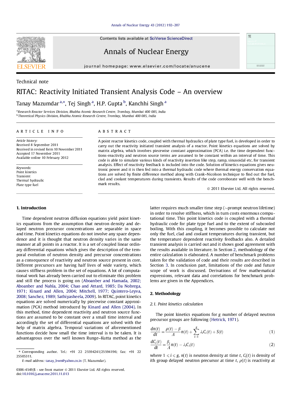 RITAC: Reactivity Initiated Transient Analysis Code – An overview