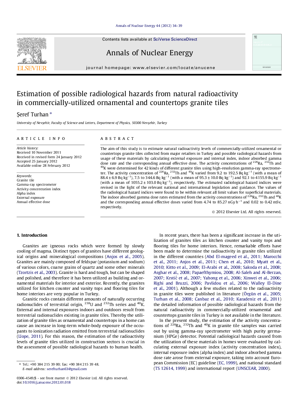 Estimation of possible radiological hazards from natural radioactivity in commercially-utilized ornamental and countertops granite tiles