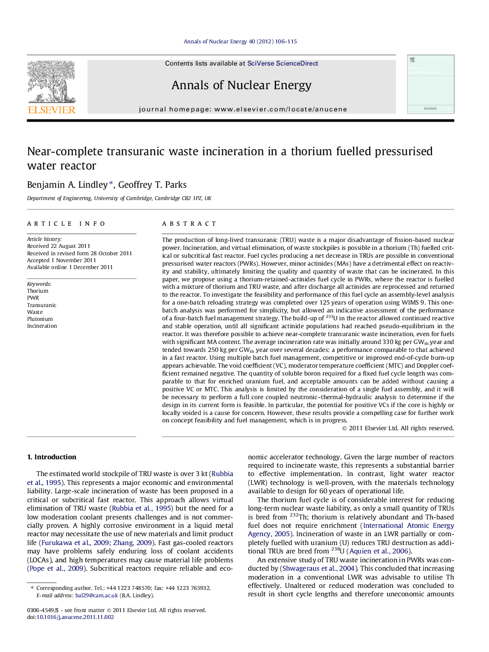 Near-complete transuranic waste incineration in a thorium fuelled pressurised water reactor