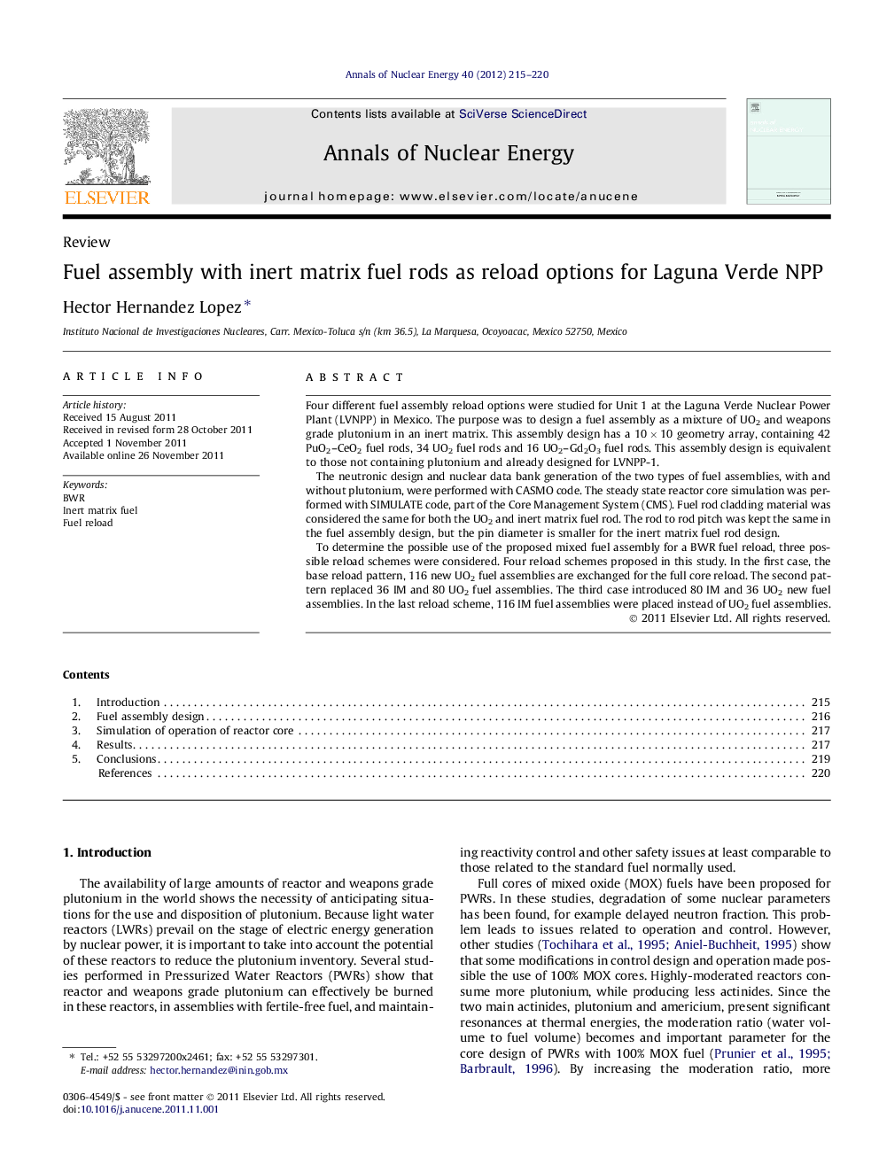 Fuel assembly with inert matrix fuel rods as reload options for Laguna Verde NPP