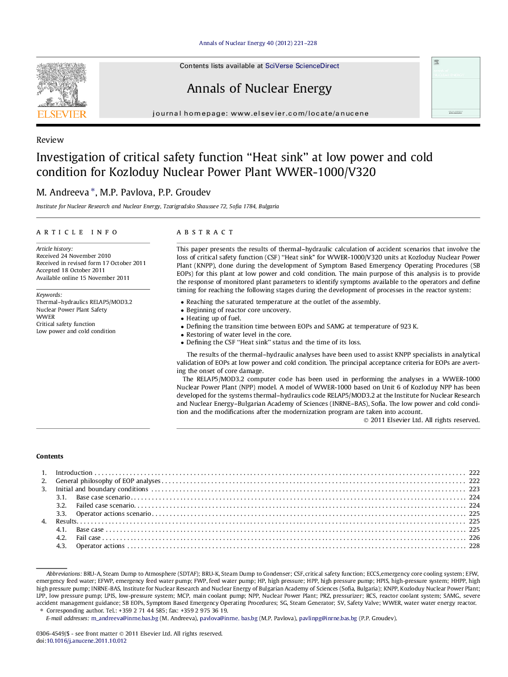 Investigation of critical safety function “Heat sink” at low power and cold condition for Kozloduy Nuclear Power Plant WWER-1000/V320