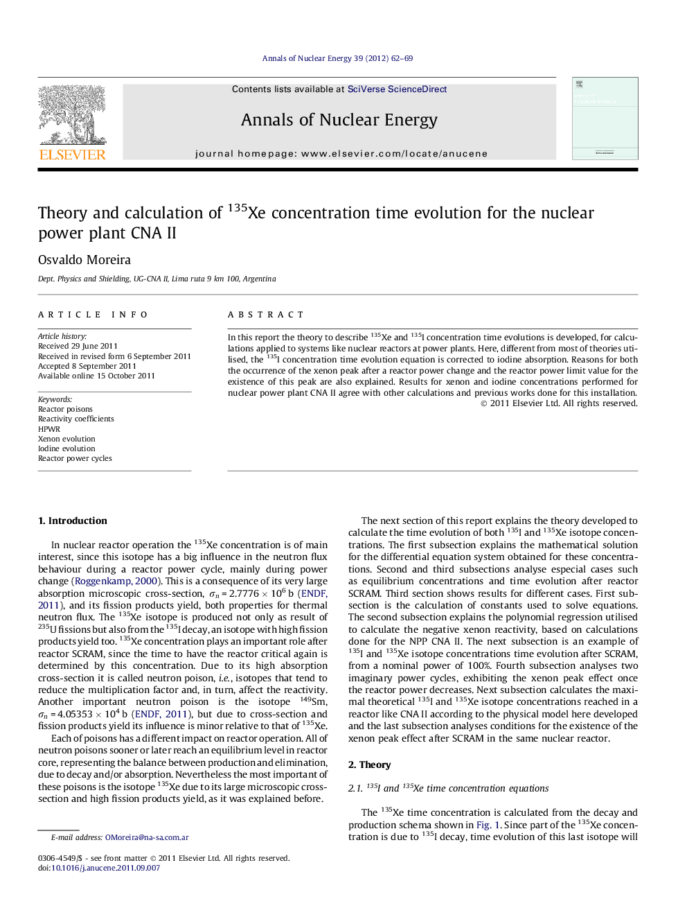 Theory and calculation of 135Xe concentration time evolution for the nuclear power plant CNA II