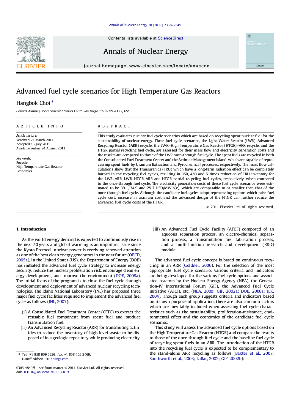 Advanced fuel cycle scenarios for High Temperature Gas Reactors