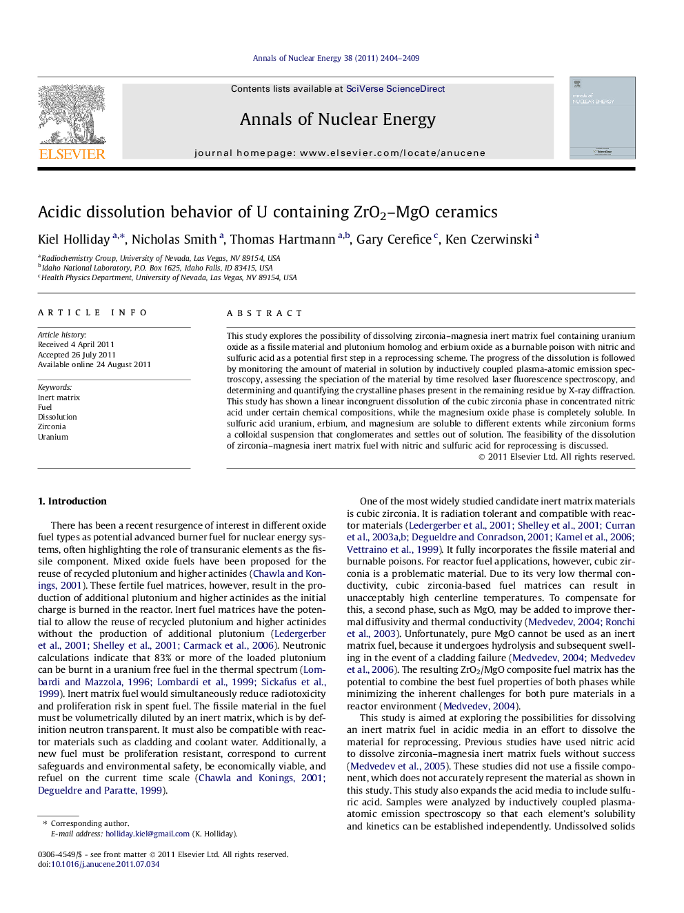 Acidic dissolution behavior of U containing ZrO2-MgO ceramics