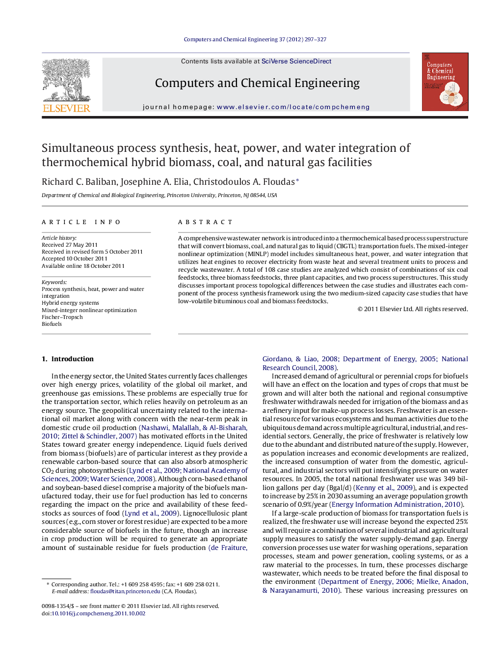 Simultaneous process synthesis, heat, power, and water integration of thermochemical hybrid biomass, coal, and natural gas facilities