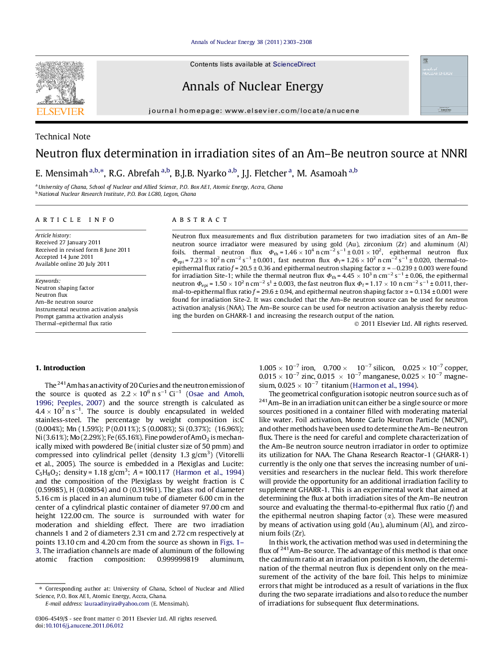 Neutron flux determination in irradiation sites of an Am–Be neutron source at NNRI