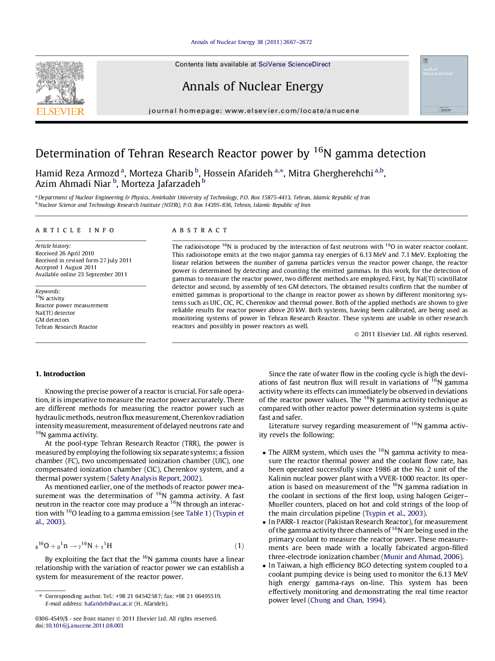 Determination of Tehran Research Reactor power by 16N gamma detection