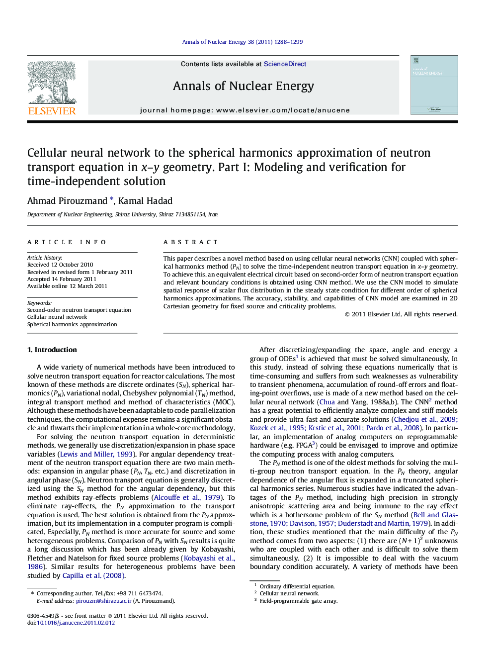 Cellular neural network to the spherical harmonics approximation of neutron transport equation in x–y geometry. Part I: Modeling and verification for time-independent solution