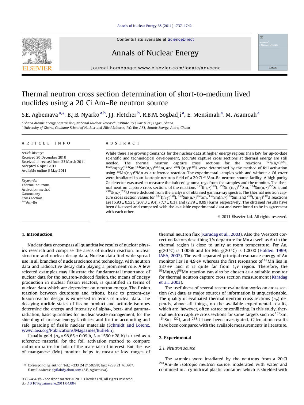 Thermal neutron cross section determination of short-to-medium lived nuclides using a 20 Ci Am–Be neutron source