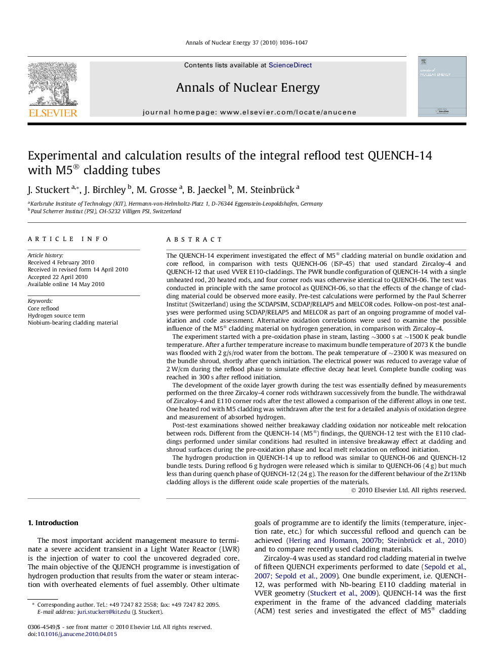 Experimental and calculation results of the integral reflood test QUENCH-14 with M5® cladding tubes