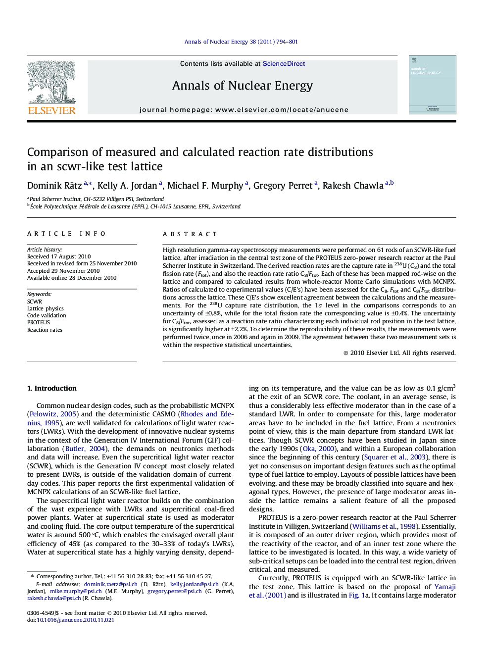 Comparison of measured and calculated reaction rate distributions in an scwr-like test lattice