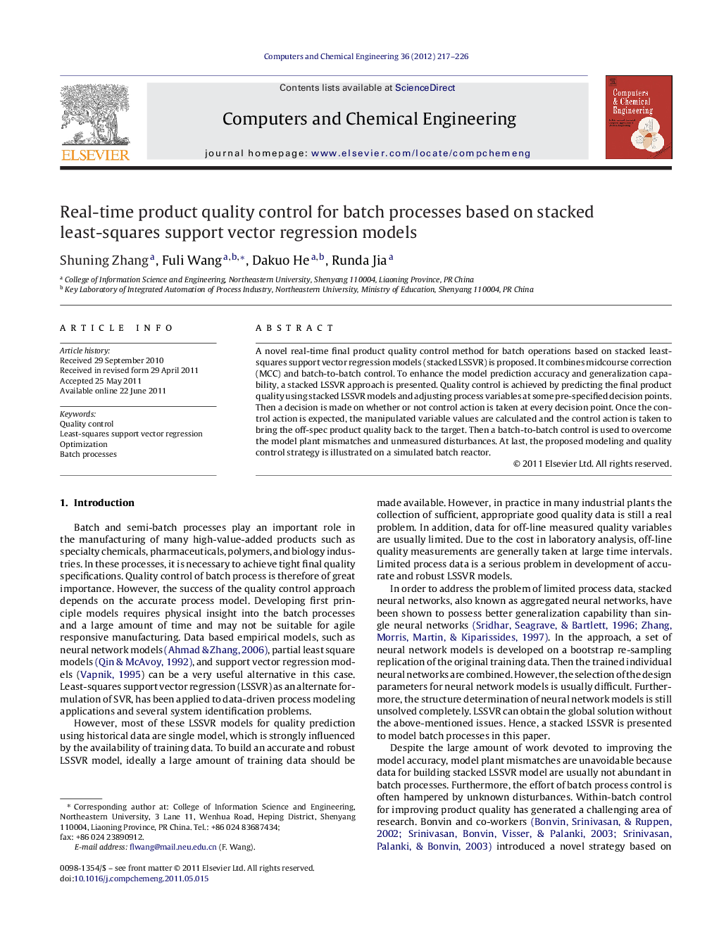 Real-time product quality control for batch processes based on stacked least-squares support vector regression models