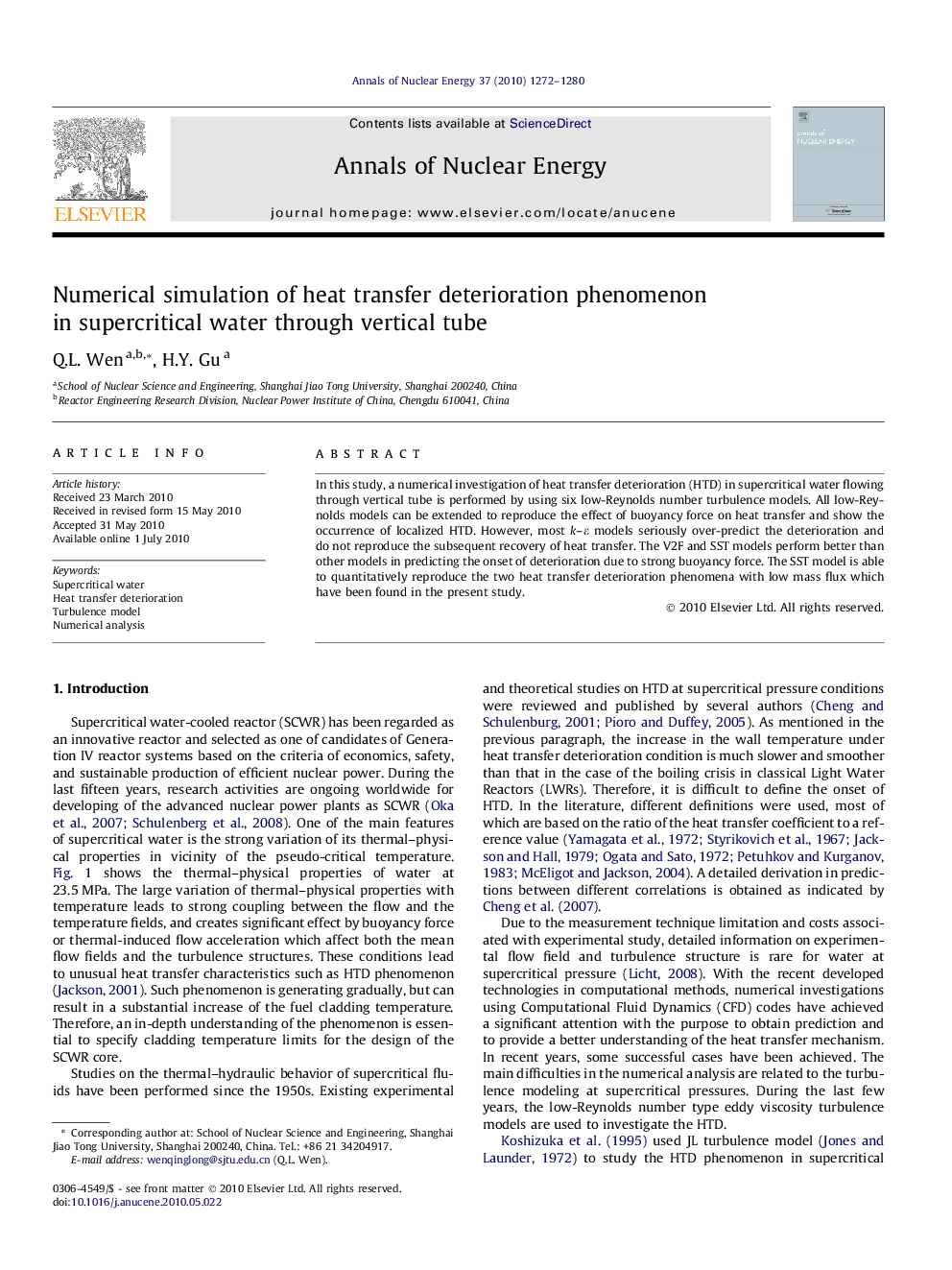 Numerical simulation of heat transfer deterioration phenomenon in supercritical water through vertical tube