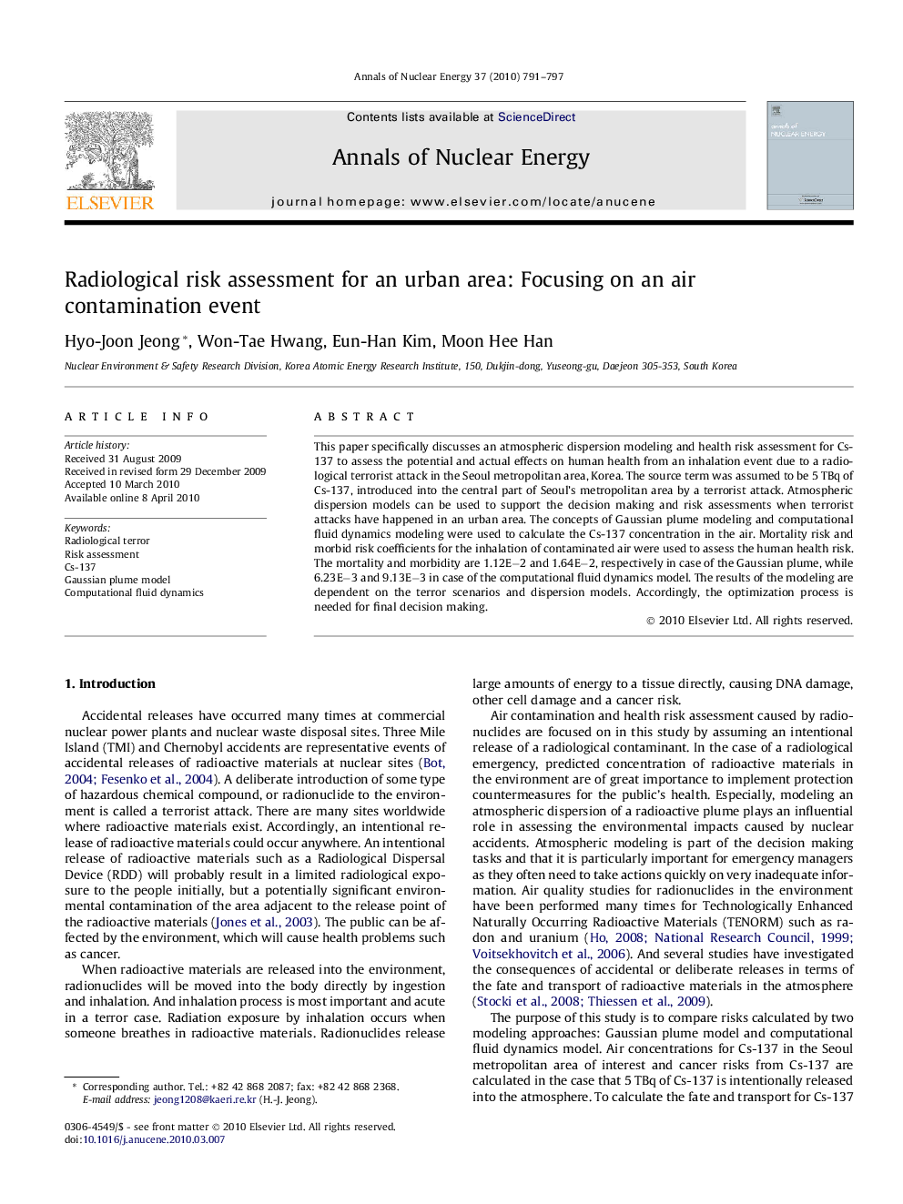 Radiological risk assessment for an urban area: Focusing on an air contamination event