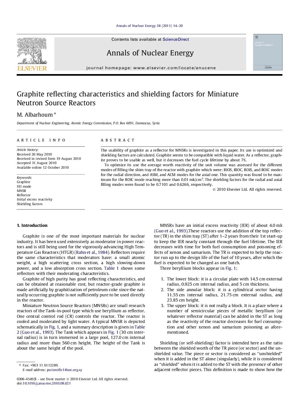 عکس صفحه اول مقاله: Graphite reflecting characteristics and shielding factors for Miniature Neutron Source Reactors Graphite reflecting characteristics and shielding factors for Miniature Neutron Source Reactors