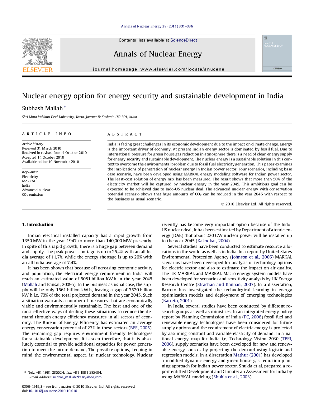 Nuclear energy option for energy security and sustainable development in India