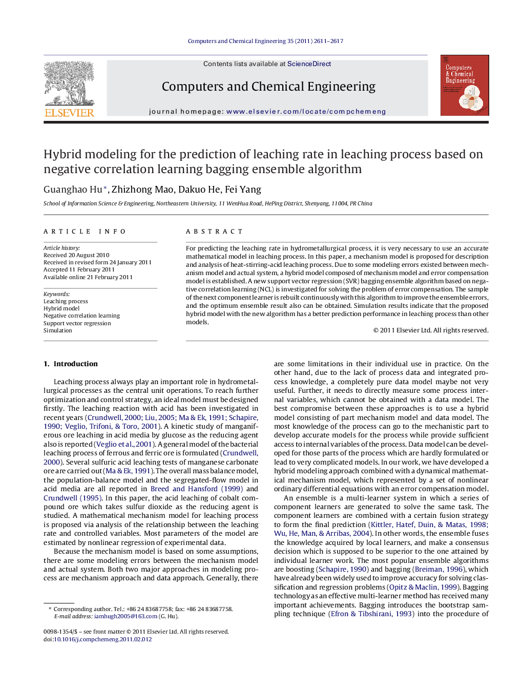 Hybrid modeling for the prediction of leaching rate in leaching process based on negative correlation learning bagging ensemble algorithm