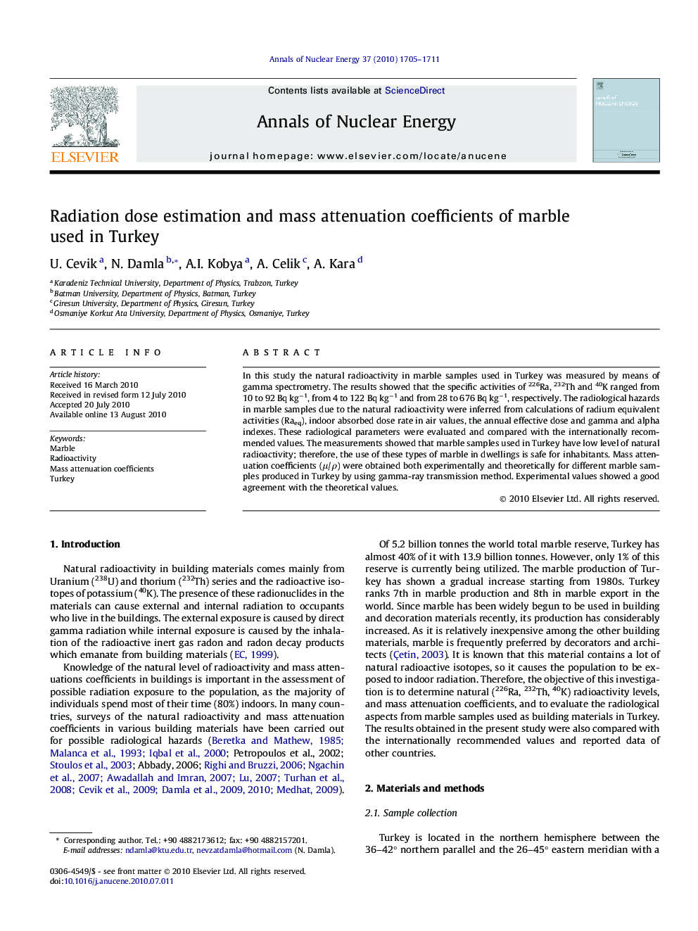 Radiation dose estimation and mass attenuation coefficients of marble used in Turkey