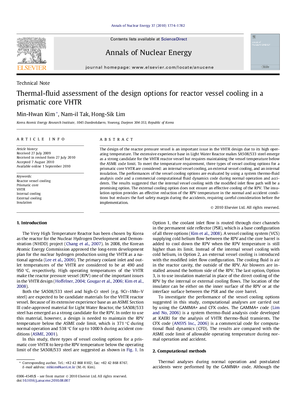 عکس صفحه اول مقاله: Thermal-fluid assessment of the design options for reactor vessel cooling in a prismatic core VHTR Thermal-fluid assessment of the design options for reactor vessel cooling in a prismatic core VHTR