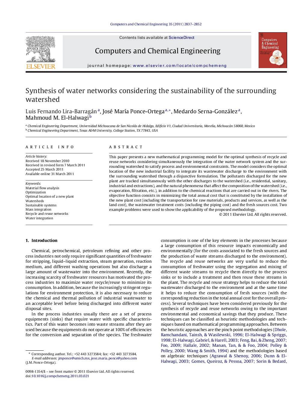 Synthesis of water networks considering the sustainability of the surrounding watershed