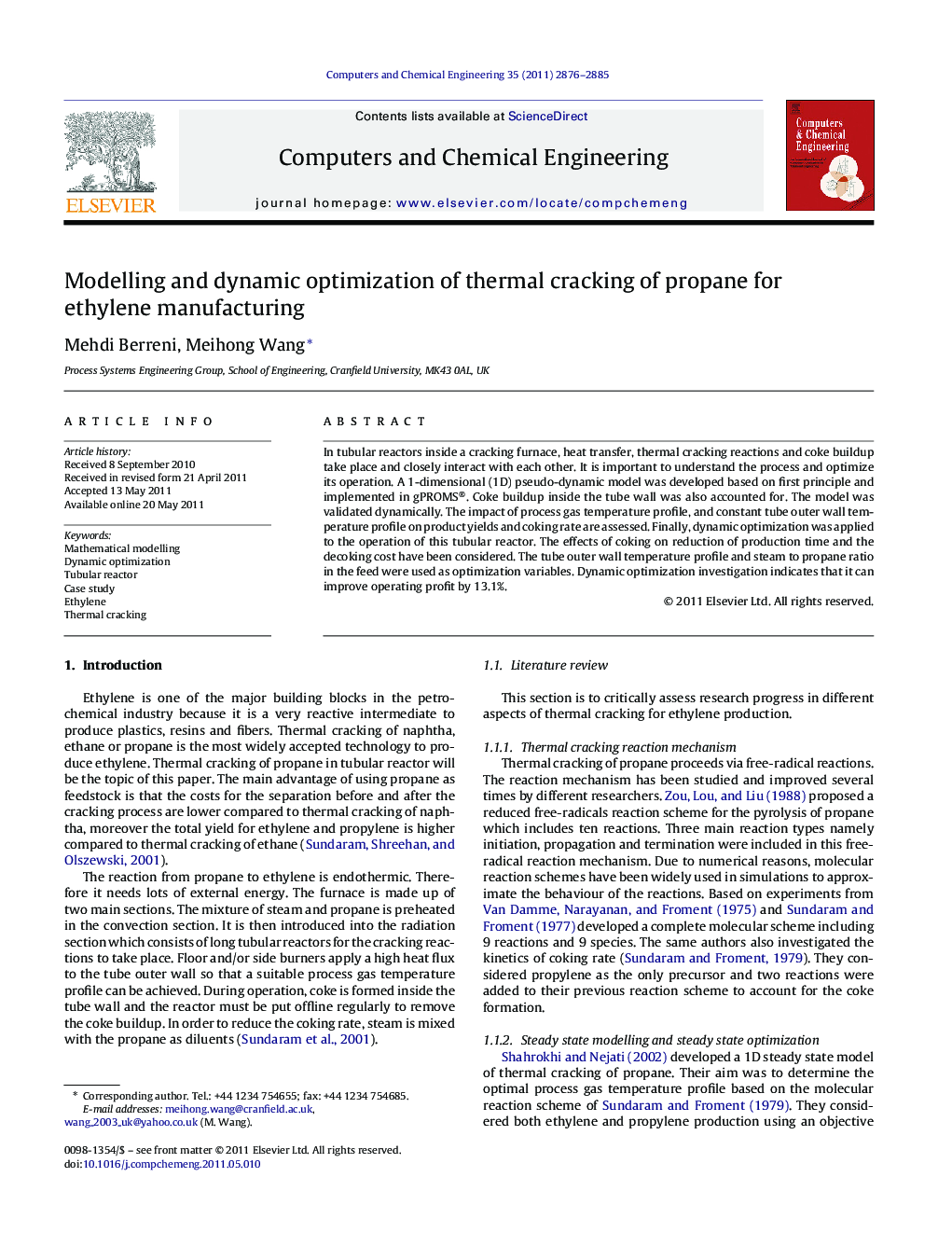 Modelling and dynamic optimization of thermal cracking of propane for ethylene manufacturing