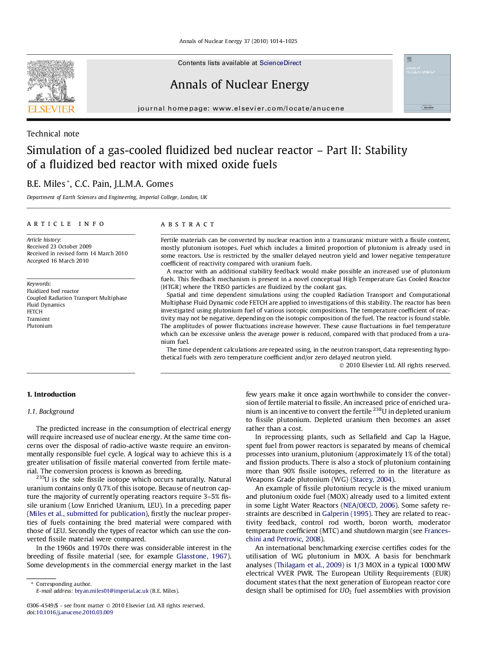 Simulation of a gas-cooled fluidized bed nuclear reactor – Part II: Stability of a fluidized bed reactor with mixed oxide fuels