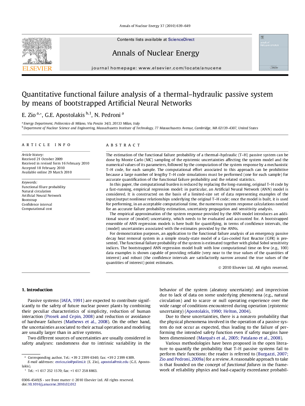 Quantitative functional failure analysis of a thermal–hydraulic passive system by means of bootstrapped Artificial Neural Networks