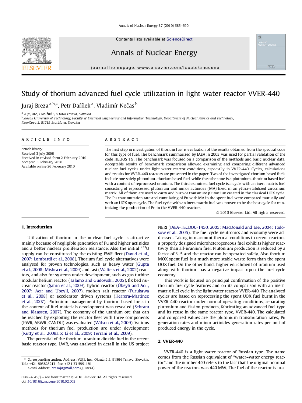 Study of thorium advanced fuel cycle utilization in light water reactor VVER-440