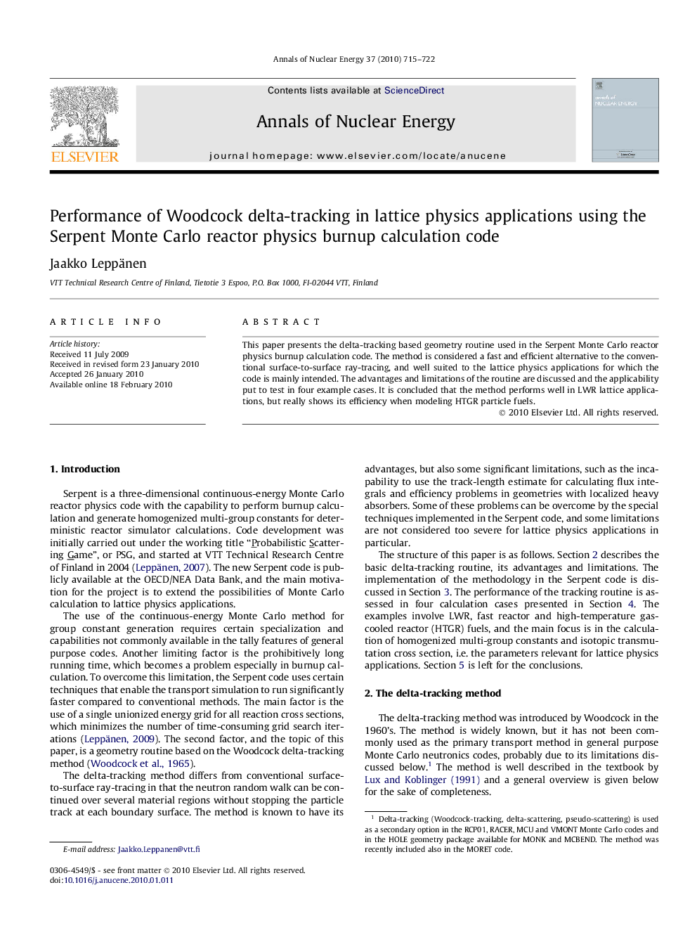 Performance of Woodcock delta-tracking in lattice physics applications using the Serpent Monte Carlo reactor physics burnup calculation code