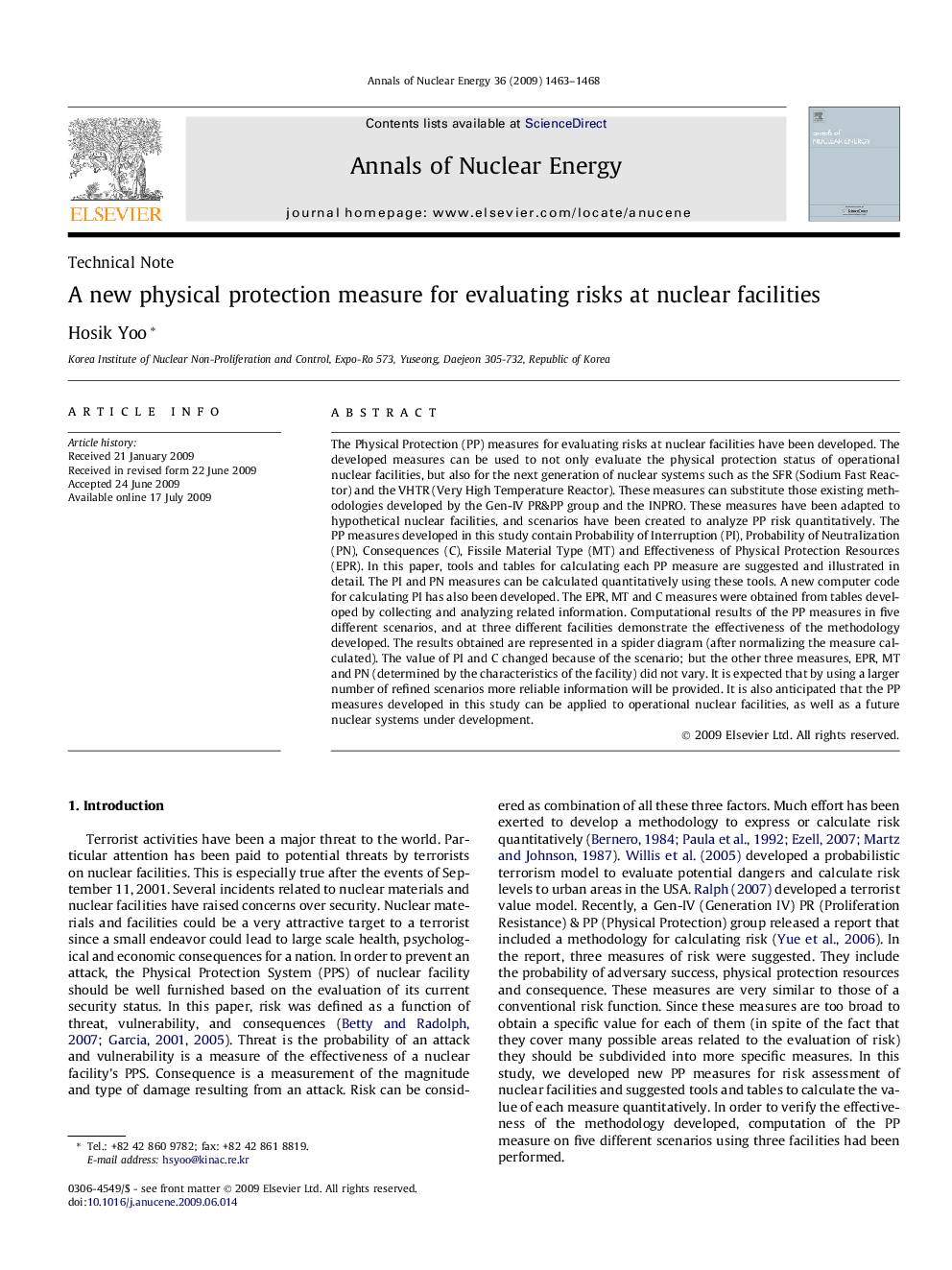 A new physical protection measure for evaluating risks at nuclear facilities