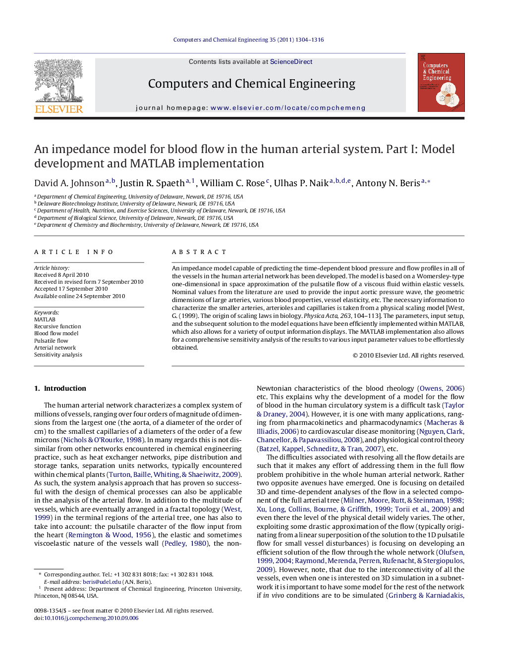 An impedance model for blood flow in the human arterial system. Part I: Model development and MATLAB implementation