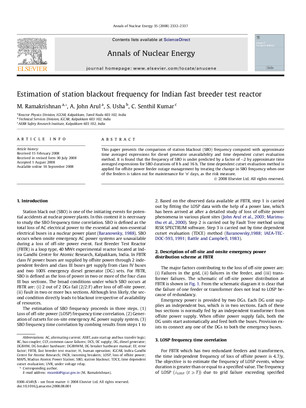 Estimation of station blackout frequency for Indian fast breeder test reactor