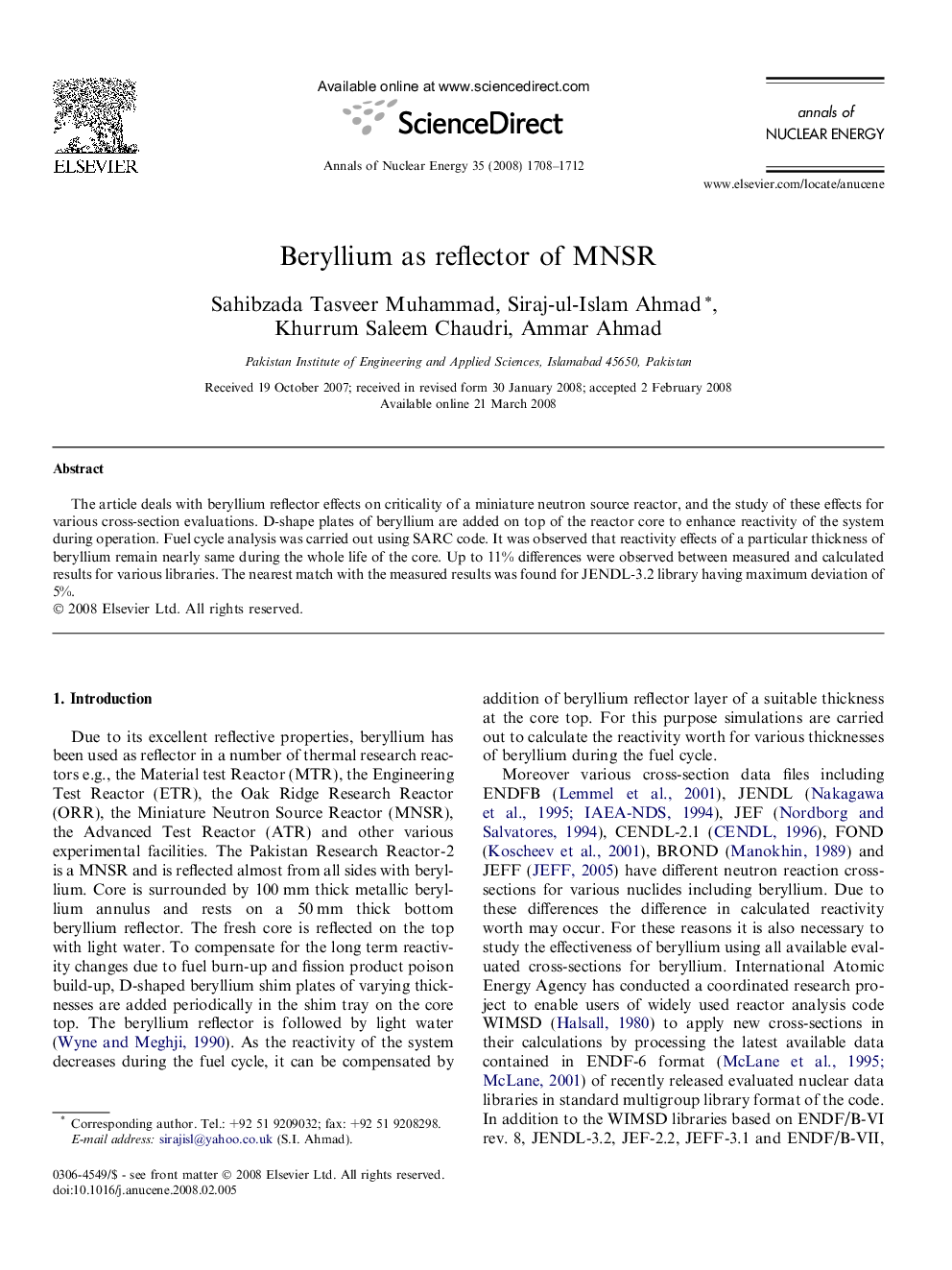 عکس صفحه اول مقاله: Beryllium as reflector of MNSR Beryllium as reflector of MNSR