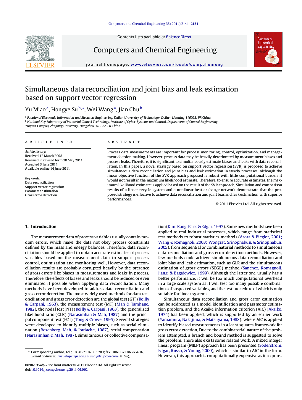 Simultaneous data reconciliation and joint bias and leak estimation based on support vector regression