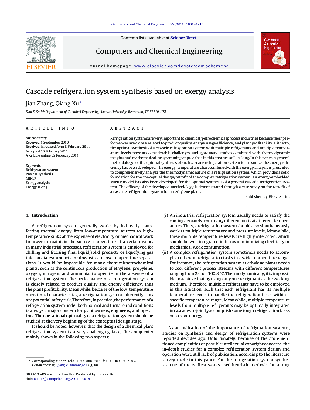 Cascade refrigeration system synthesis based on exergy analysis