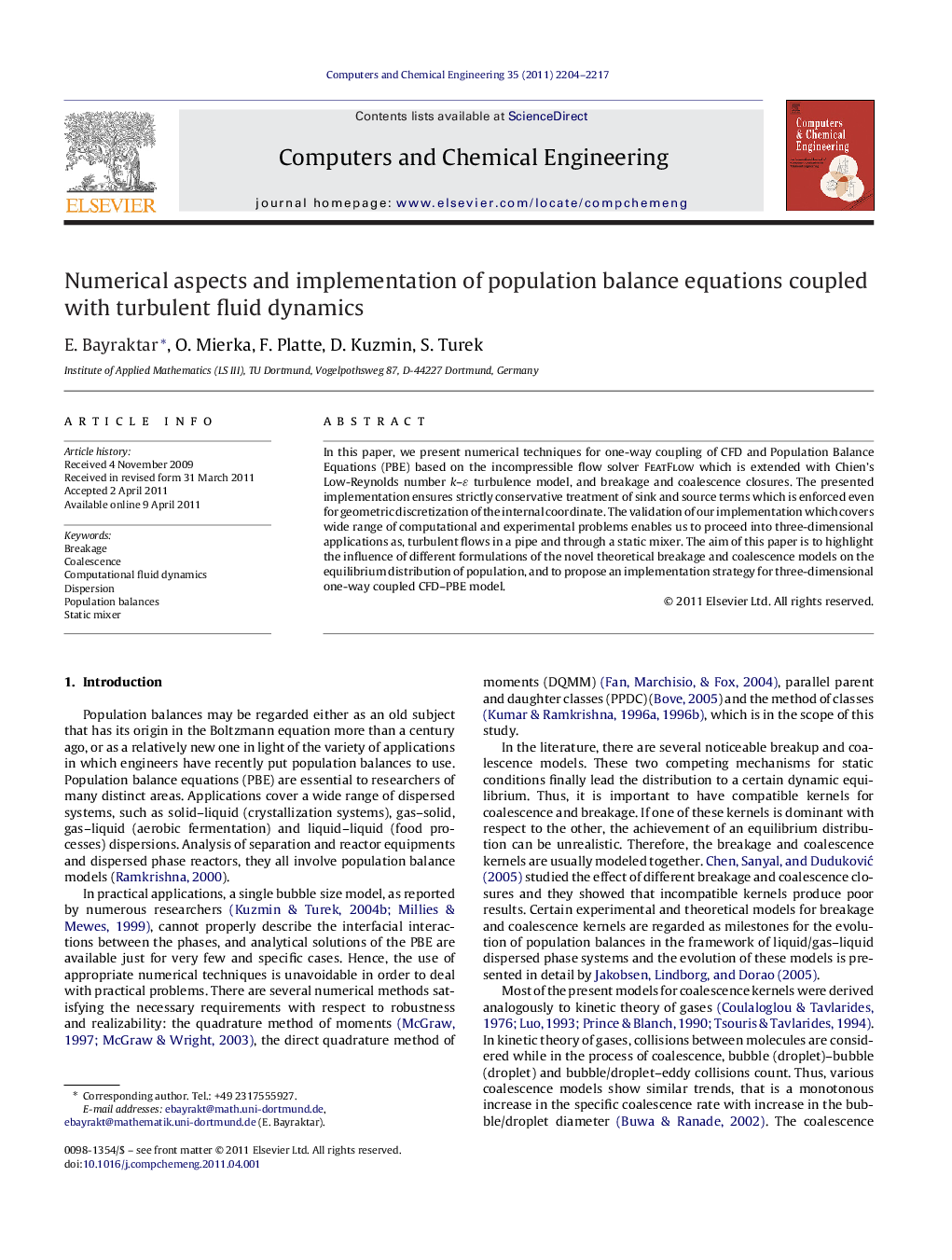 Numerical aspects and implementation of population balance equations coupled with turbulent fluid dynamics