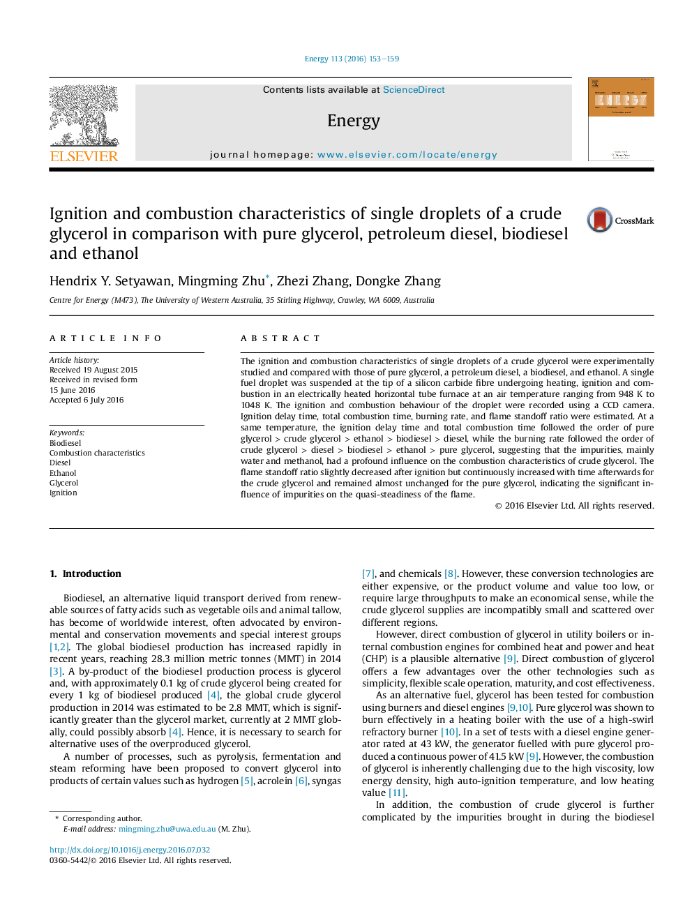 Ignition and combustion characteristics of single droplets of a crude glycerol in comparison with pure glycerol, petroleum diesel, biodiesel and ethanol